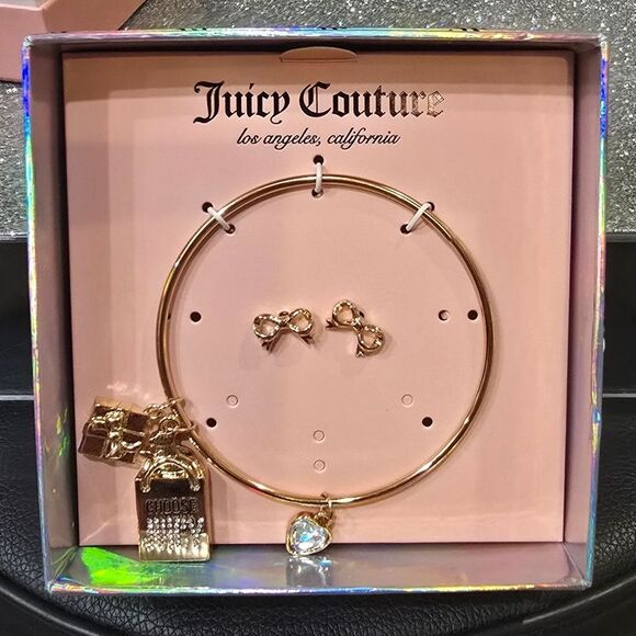 Juicy Couture Logo Shopping Bag, Heart, & Gifts Charm Bracelet & Bow Earring Set - Picture 3 of 5